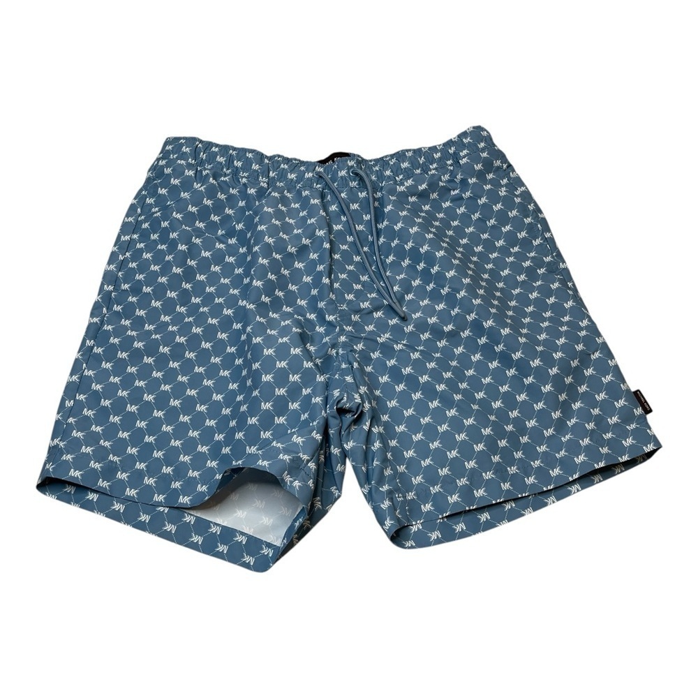 Michael Kors Mid Length Blue White MK Logo Swim Lined Shorts Trunks Mens Size L